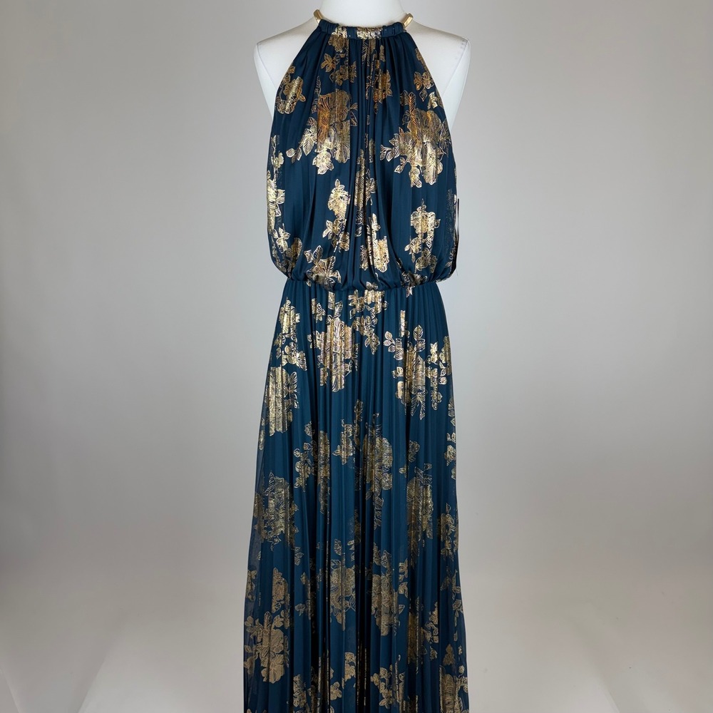 NWD MSK Dark Fern Gold Metallic Floral Halter Maxi Dress Pleated Size 12 Blouson